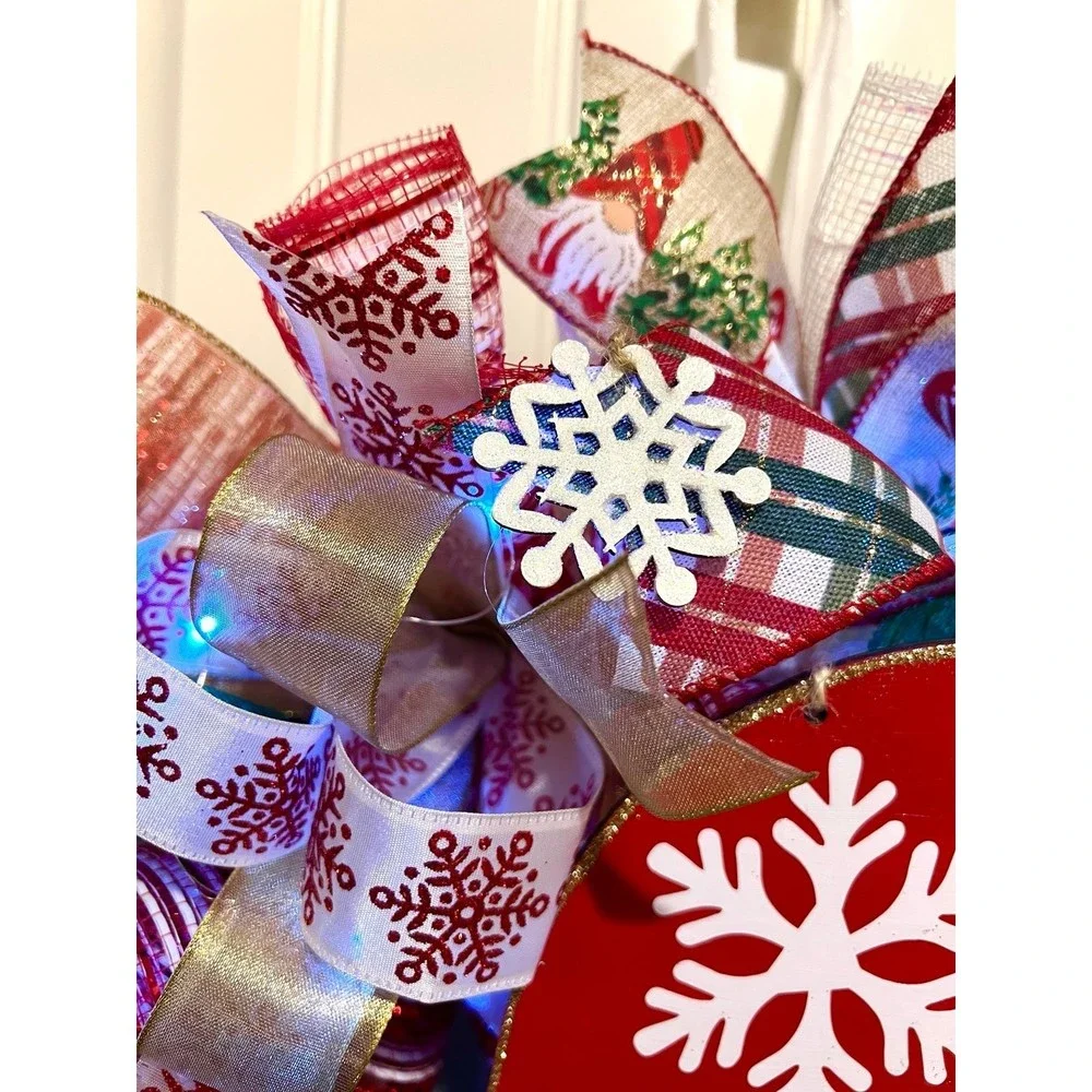 Christmas Snowflake Gnome Holiday Ribbon Door Wreath Handmade 22 ins LED W7